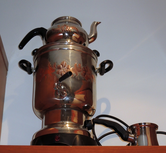 Our samovar and cezve.  We are prepared to serve tea to a group for hours, and make Turkish coffee.